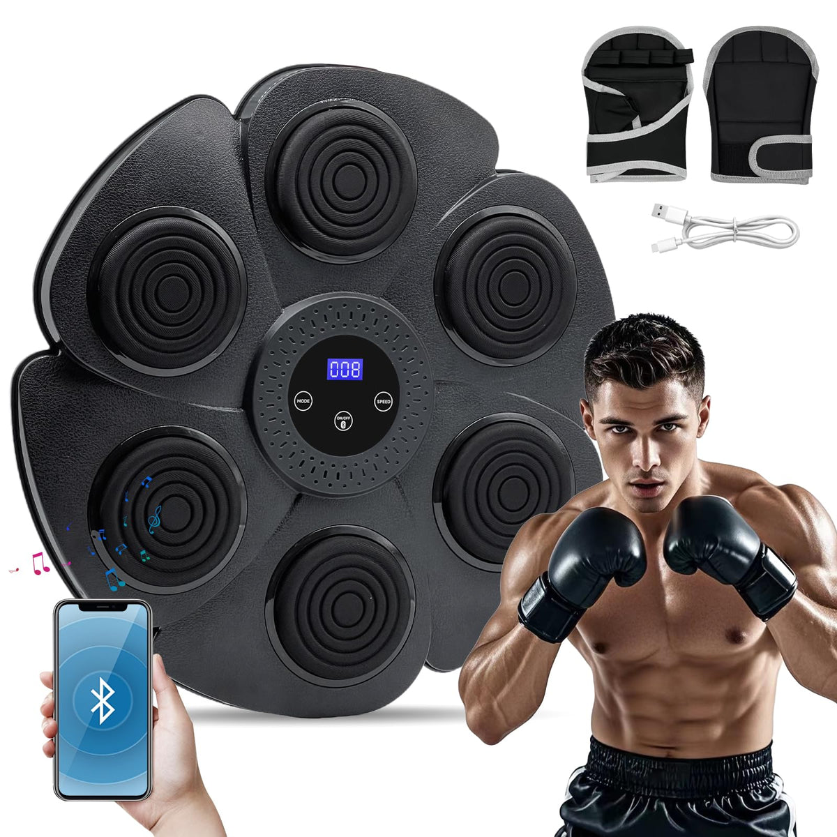 TOGIEEII Music Boxing Machine Smart Bluetooth Music Boxing Machine with LED Screen Wall Mounted Musical Boxing Machine with Boxing Gloves Music Boxing Machine for Adults and Kids use in Home or Gym