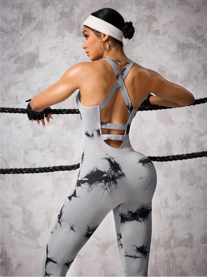 Back Crisscross Tie-Dye Scoop Neck Active Jumpsuit