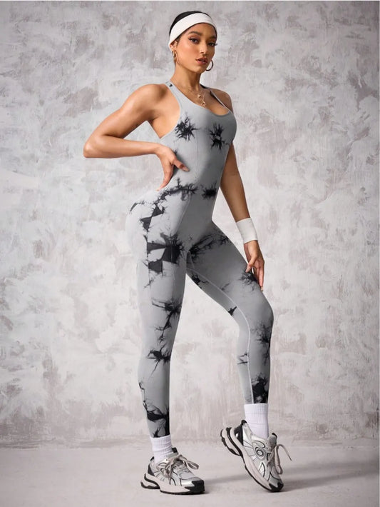 Back Crisscross Tie-Dye Scoop Neck Active Jumpsuit