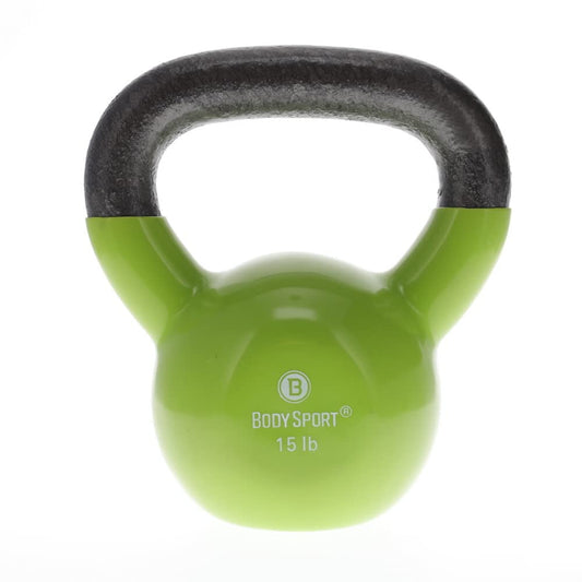 Body Sport Cast Iron Vinyl Coated Kettlebells 15 lb. Light Green – Kettlebell for Weight Lifting – Strength Training Kettlebell – Professional Fitness for Gym & At Home
