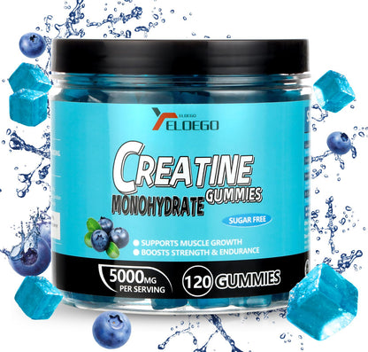 Creatine Monohydrate Gummies 5000mg Sugar Free for Men & Women with L-Taurine + Vitamin B12 for Muscle Strength Muscle Builder Energy Boost Pre-Workout Supplement Gummy Blueberry-120 Count