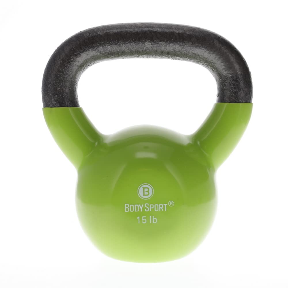 Body Sport Cast Iron Vinyl Coated Kettlebells 15 lb. Light Green – Kettlebell for Weight Lifting – Strength Training Kettlebell – Professional Fitness for Gym & At Home